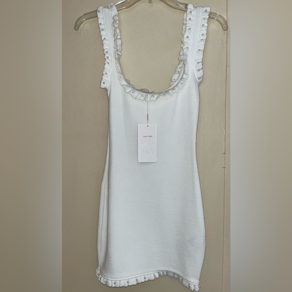 Zara White Ruffled Dress with Pearl Accents